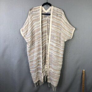 Tonlé Kimono Jacket Womens One Size Beige Striped Fringe Open Knit Boho Beach